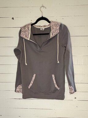 Pulse Women's Gray Floral Trim Quarter Zip Hoodie Size Small
